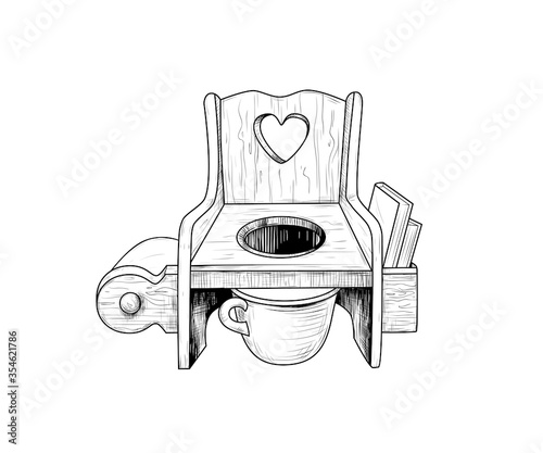 .Vintage wood potty chair . Toilet training. Engraved vector sketch. Ink drawing object on a white background. Retro.
