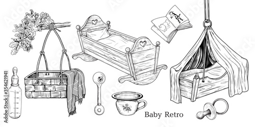 .Vintage baby accessories. Retro collection. Ink drawings of various objects on a white background. Engraved vector sketches.   .