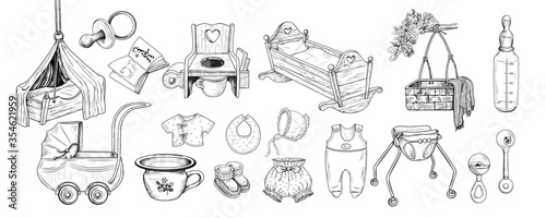 .Vintage baby accessories. Retro collection. Ink drawings of various objects on a white background. Engraved vector sketches.