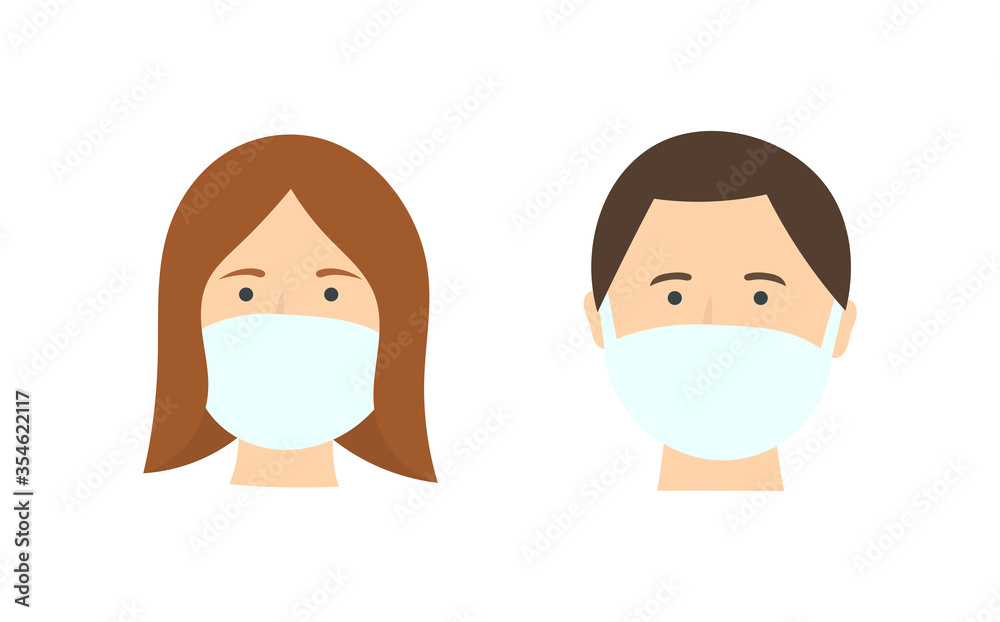 Fototapeta premium Man and woman in face masks, flat design icons. Coronavirus pandemic.