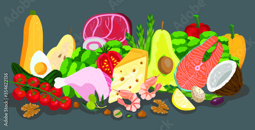 Fototapeta Naklejka Na Ścianę i Meble -  Healthy products composition set, good for keto diet nutrition. Illustration in a vector flat style - fish, meat, coconut, lemon, zucchini, egg, tomatoes cherry, shrimps, pepper, broccoli, asparagus