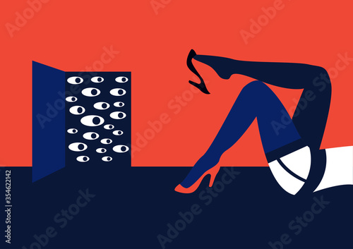 A lot of eyes look at a woman. The concept of psychological problems or voyeurism.