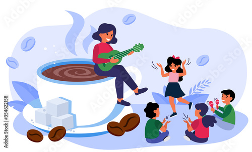 Woman sitting on coffee cup and playing guitar to children. Happy family morning flat vector illustration. Coffee break concept for banner, website design or landing web page