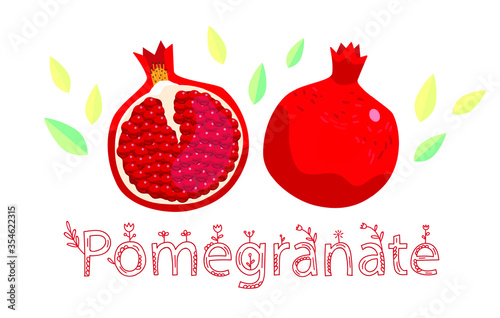 Red pomegranate vector illustration full and cut with inscription lettering . Pomegranate" in a folk floral style