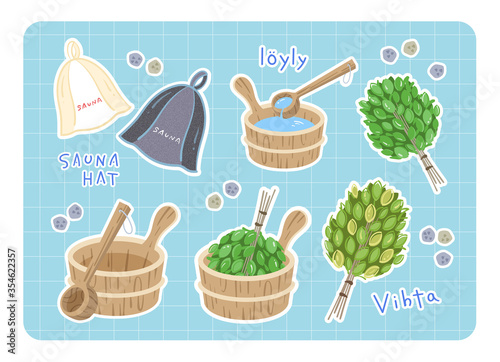 サウナグッズのイラスト（サウナハット・ヴィヒタ・サウナ桶）白フチあり
