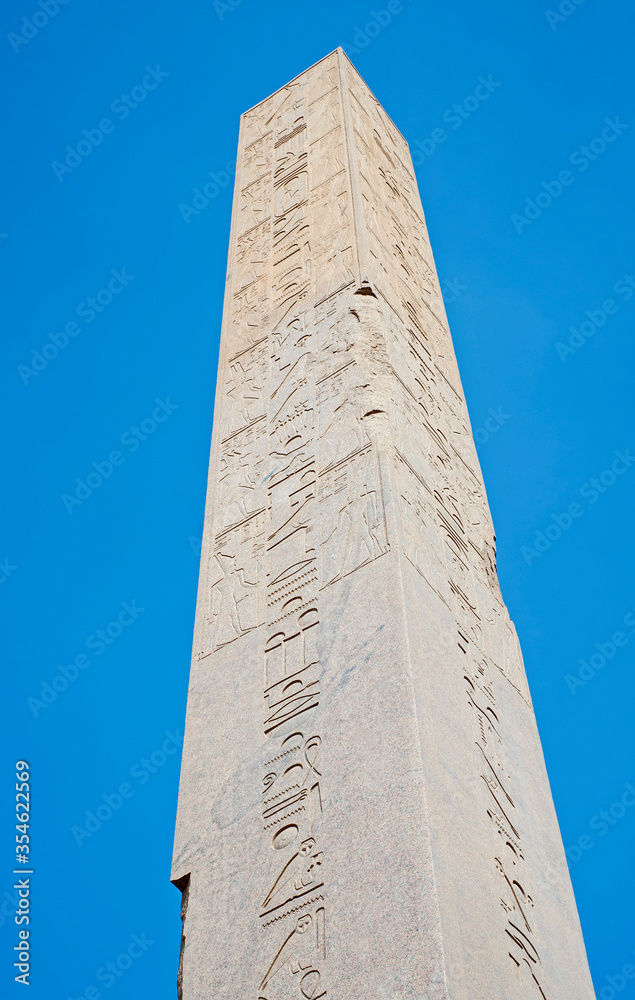 Obelisk with hieroglyphics at ancient egyptian Karnak Temple