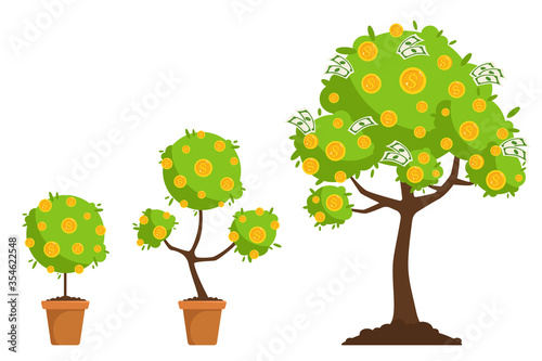 Money tree growth. Money investing concept. Vector illustration in a flat style.