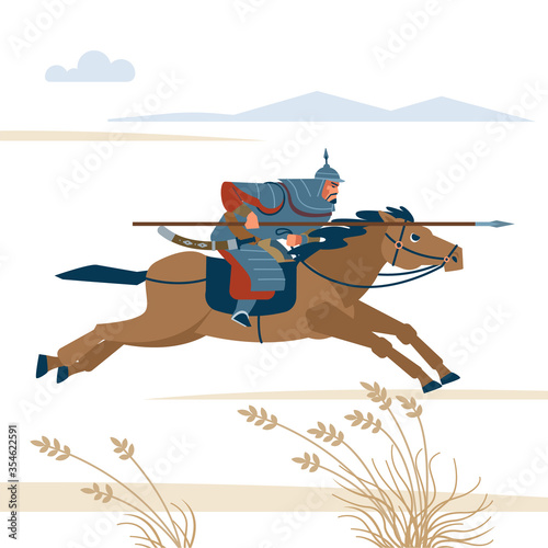 Mongol rider. Medieval battle historical illustration. Vector flat isolated illustration