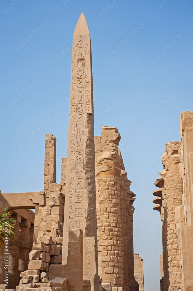 Obelisk with hieroglyphics at ancient egyptian Karnak Temple
