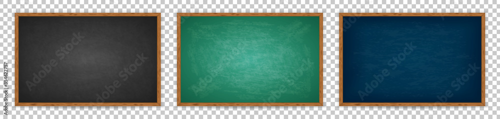 Realistic chalkboard with wooden frame isolated on transparent background. Chalkboard set for design. Rubbed out dirty chalkboard. Empty black, blue, green blackboard for classroom or restaurant menu