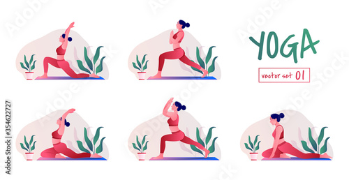 yoga girl at home. Female yoga exercises. Relaxation and meditation  Creative poster or banner design with illustration of woman doing yoga for Yoga Day Celebration.