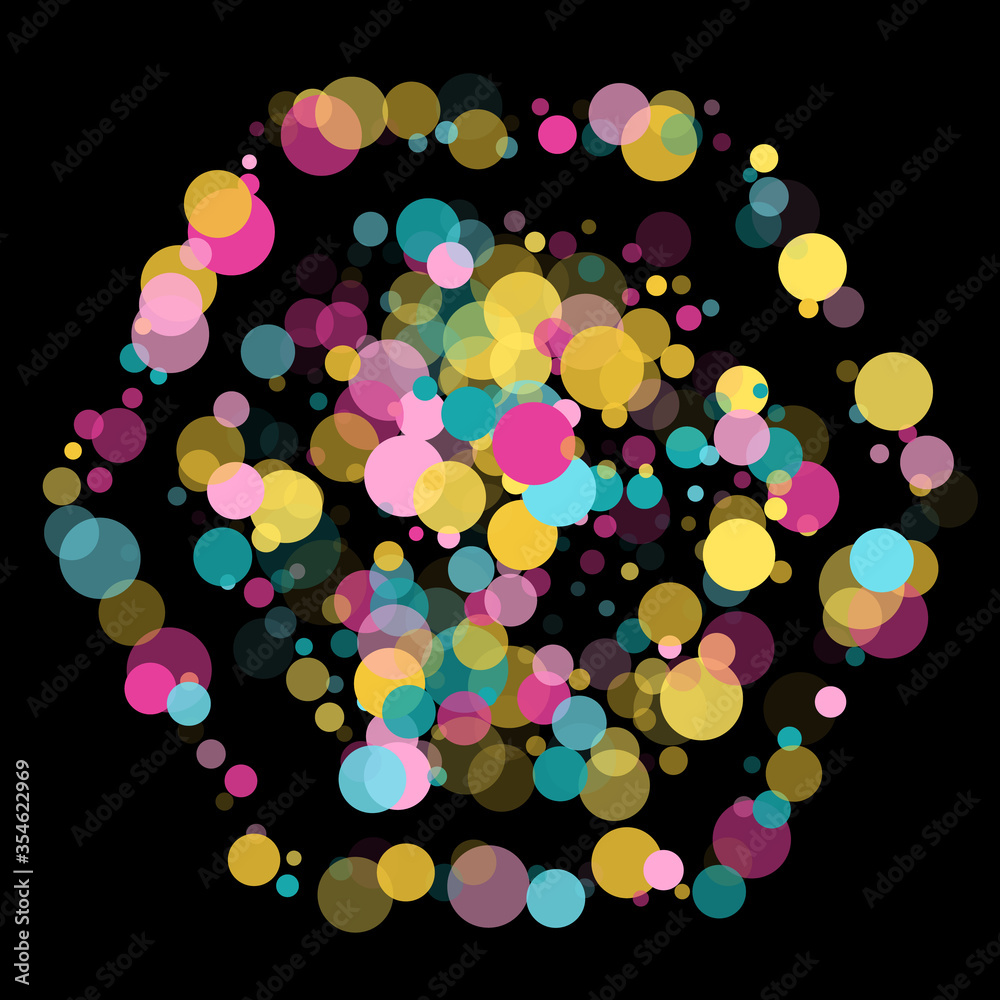 Memphis round confetti festive background in cyan blue, pink and yellow. Childish pattern vector.