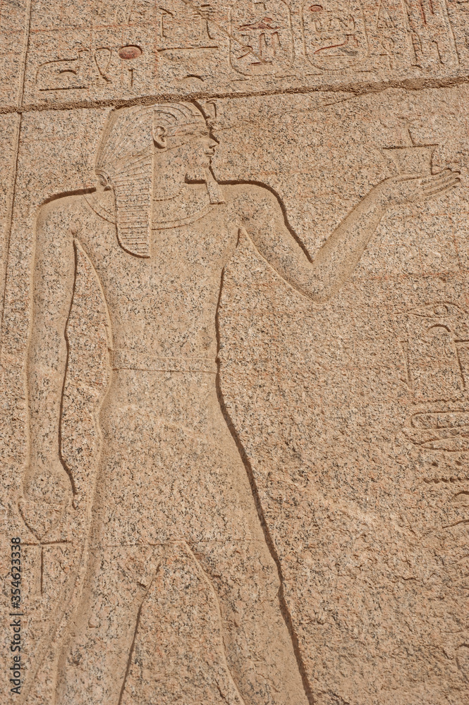 Hieroglyphic carvings on an ancient egyptian temple wall