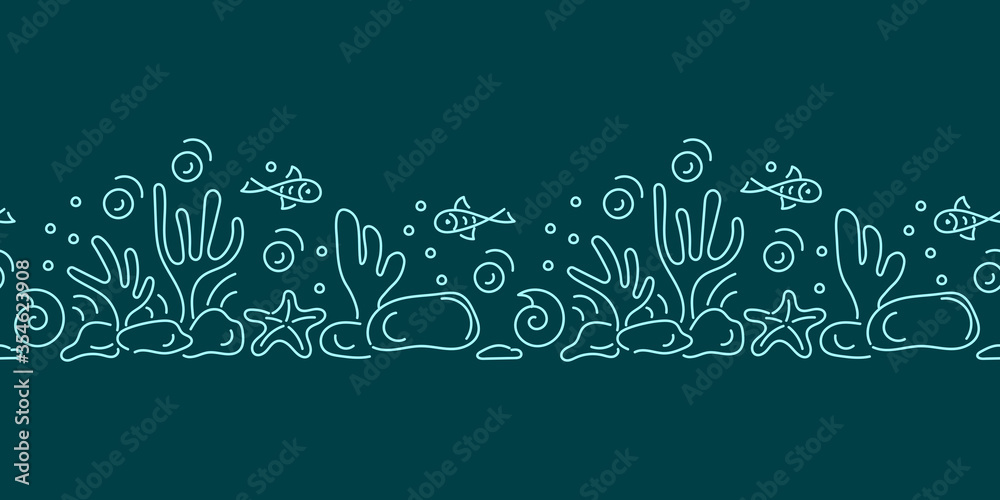 Seamless border Under water. Marine vector motif . Doodle of the underwater world, sea, ocean, river . Monochrome. Aquariums. Copy the space for the text