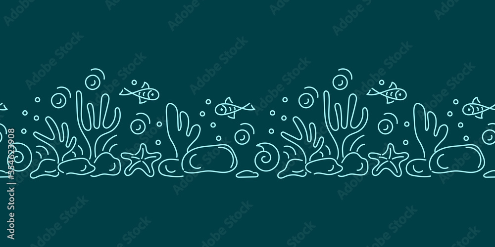 Seamless border Under water. Marine vector motif . Doodle of the underwater world, sea, ocean, river . Monochrome. Aquariums. Copy the space for the text Seamless border Under water. Marine vector motif . Doodle of the underwater world, sea, ocean, river . Monochrome. Aquariums. Copy the space for the text