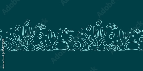 Seamless border Under water. Marine vector motif . Doodle of the underwater world, sea, ocean, river . Monochrome. Aquariums. Copy the space for the text