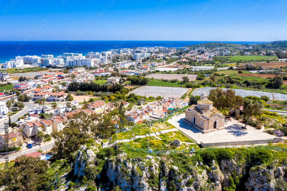 Elevated view of Protaras town and Church of Profitis Elias. Famagusta District, Cyprus