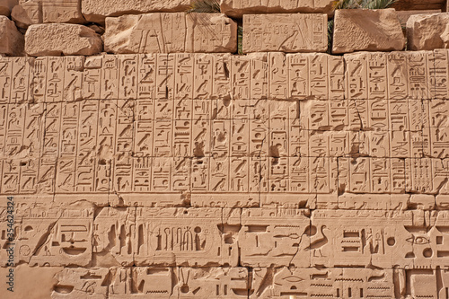 Hieroglyphic carvings on an ancient egyptian temple wall