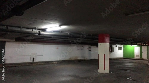 Flashing light in the underground vacancy garage. Broken fluorescent in the old parking lot. Horrible scene.