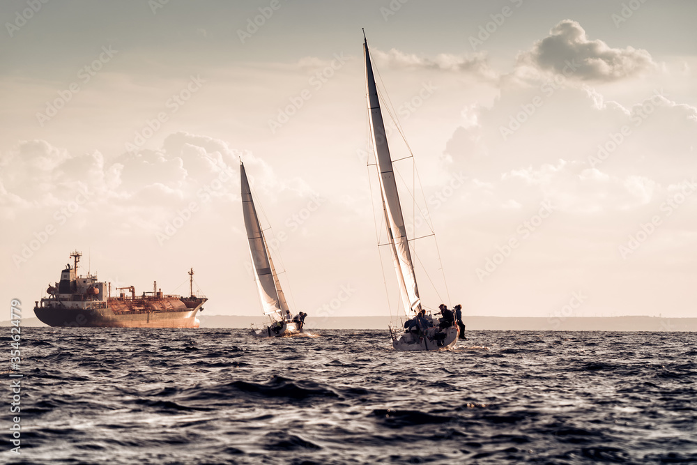 Teams competing in sailing regatta. Akrotiri bay. Limassol, Cyprus