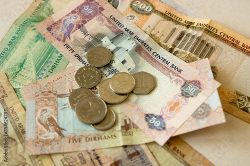 United Arab Emirates money background, with banknotes and coins, full set