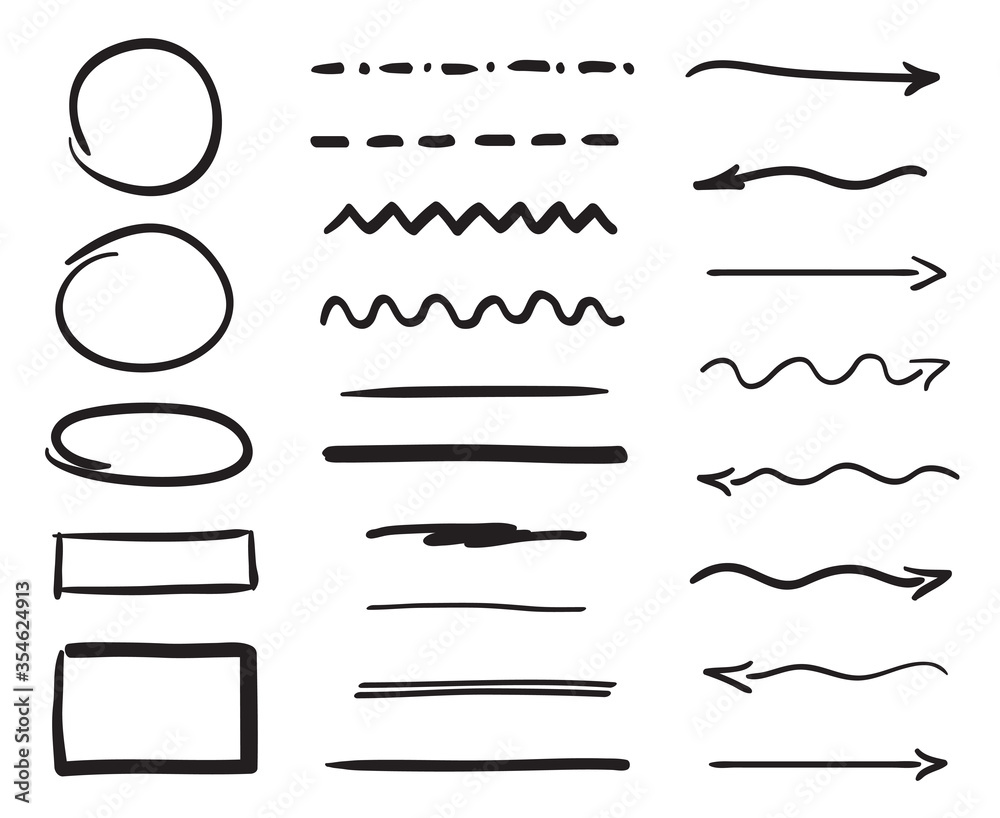 Hand drawn elements. Arrows. Set of different underlines. Abstract shapes. Black and white illustration