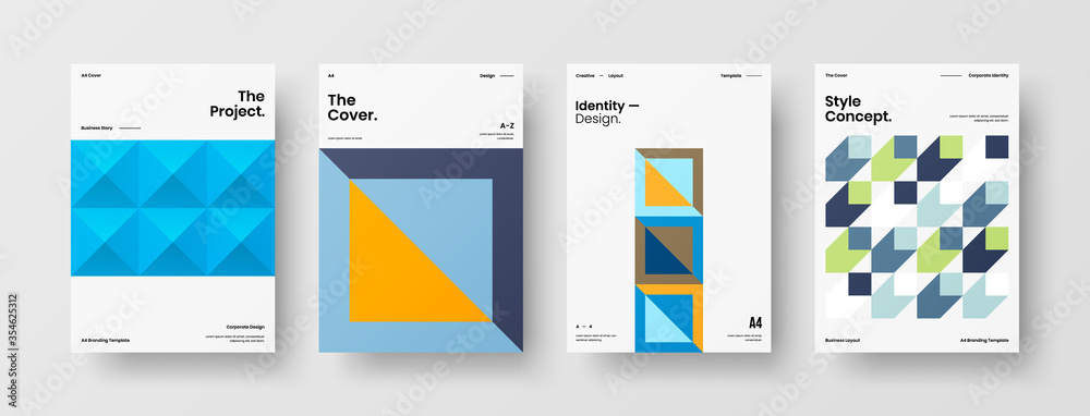 Company identity brochure template collection. Business presentation vector A4 vertical orientation front page mock up set. Corporate report cover abstract geometric illustration design layout bundle.