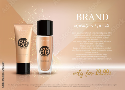 Premium VIP cosmetic ads, promotion make-up foundation for sale. Elegant beige BB face cream, lotion tube and glass bottle isolated on glitter sparkle background, gloss effect. 3D realistic vector