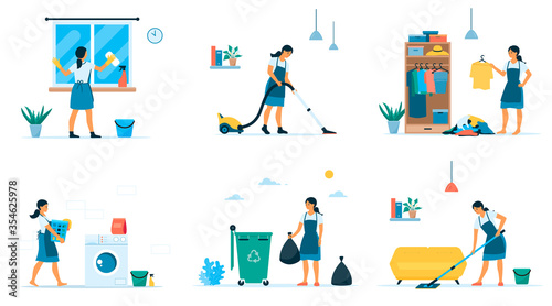 Vector flat set of woman making different housework
