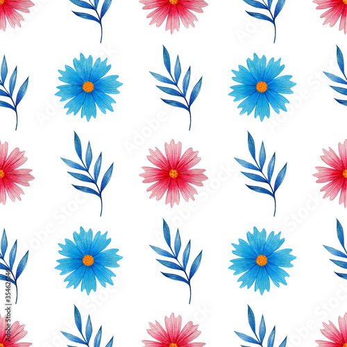 Seamless watercolor pattern with spring flowers and a branch on a white background.