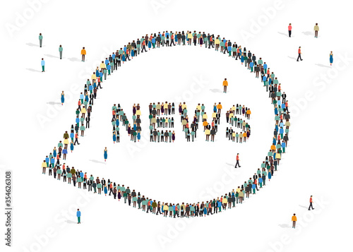 Speech bubble with word NEWS made from people mob on white background, vector illustration in flat style