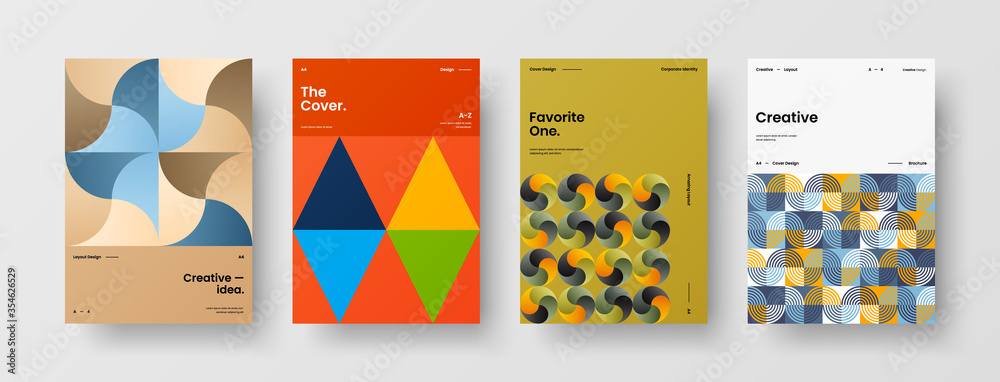 Naklejka premium Company identity brochure template collection. Business presentation vector A4 vertical orientation front page mock up set. Corporate report cover abstract geometric illustration design layout bundle.