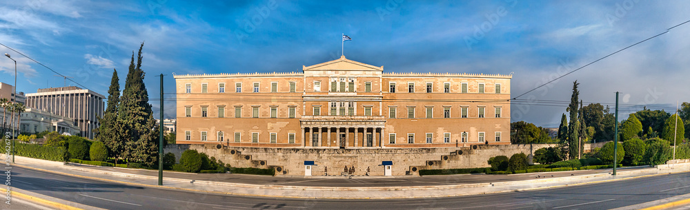 Panoramic view of the Greek Parliament buiding at Syntagma Square.