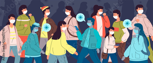 Coronavirus quarantine. Group of people wearing face medical masks to prevent disease protecting from virus, flu, air pollution, contaminated air, world pollution. Infected persons among healthy crowd