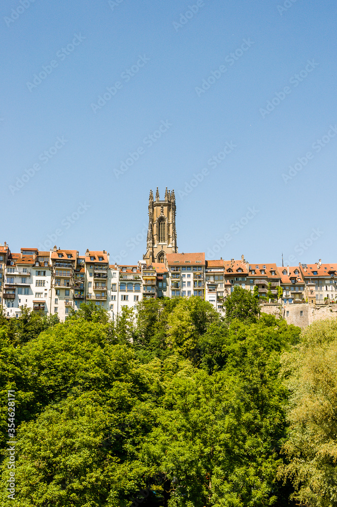 Fribourg, Freiburg, Kathedrale, St. Nikolaus, Altstadt, Altstadthäuser, Stadt, Stadtspaziergang, Sommer, Schweiz
