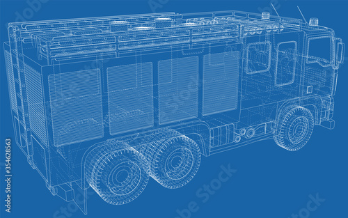 Fire Engine illustration vector. Fire truck Wire-frame line isolated. Vector rendering of 3d.