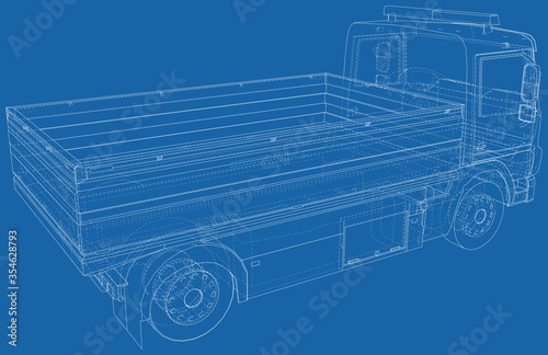 Flatbed truck illustration vector. Wire-frame line isolated. Vector rendering of 3d.
