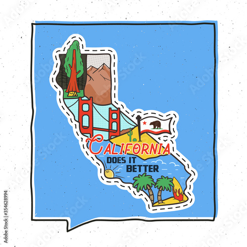 Vintage adventure California badge illustration design. Outdoor US state emblem with Cali attractions and text - California Does It Better. Unusual american hipster style sticker. Stock vector