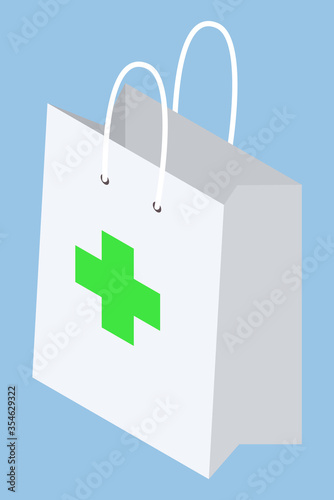 Package with green cross isolated icon closeup. Package with medicine bought from drug store or pharmacy. Healthcare hospital or clinic service of prescription supplying. Vector in isometric style