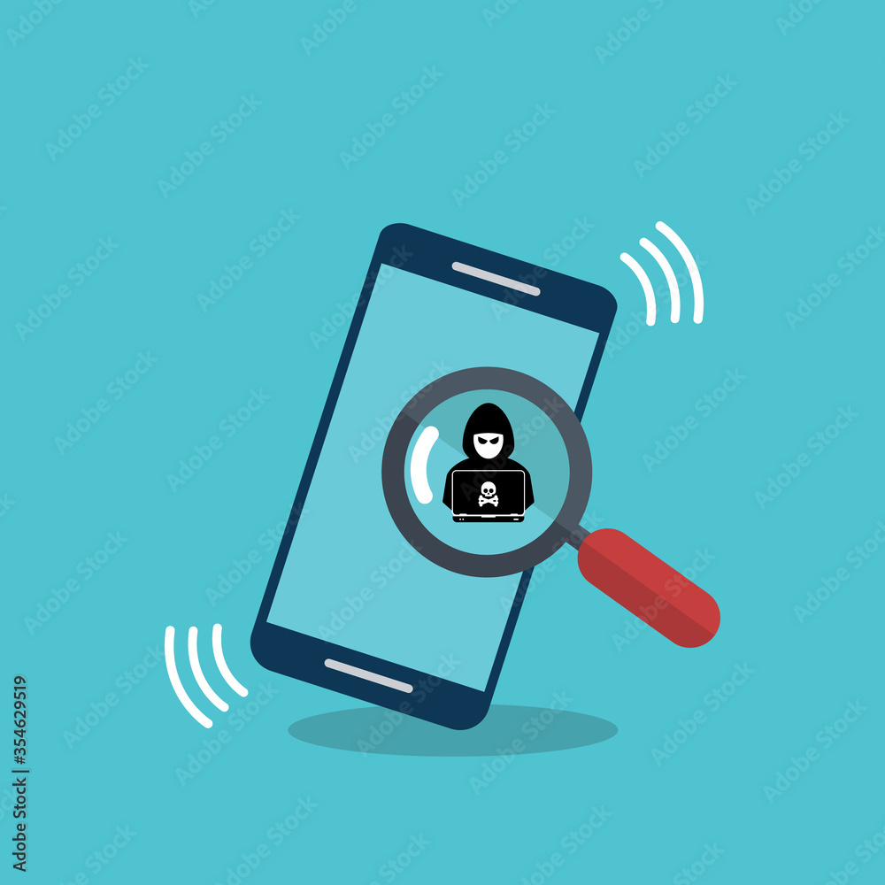 Hacker detection on a smart phone . Malware concept, spam data, online scam, virus. Vector Hacker detection on a smart phone . Malware concept, spam data, online scam, virus. Vector