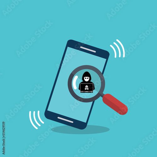 Hacker detection on a smart phone . Malware concept, spam data, online scam, virus. Vector