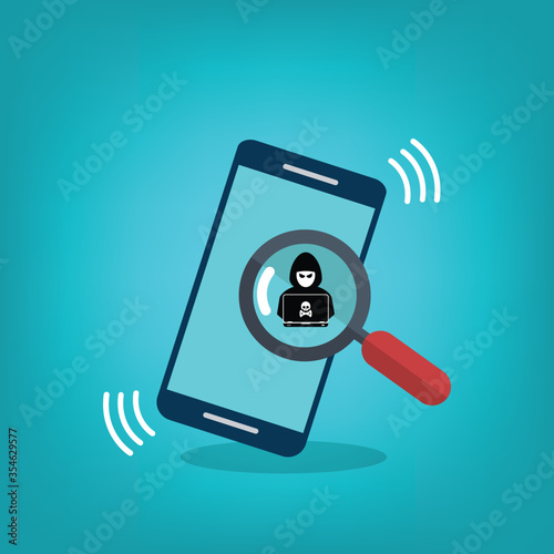 Hacker detection on a smart phone . Malware concept, spam data, online scam, virus. Vector
