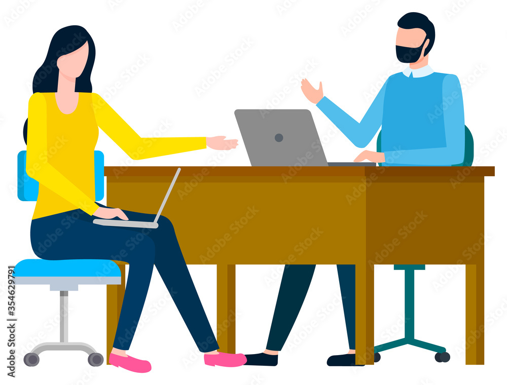Man and woman discussing work, employees communication with laptop. Workers colleagues using computer, international business, meeting and trade vector