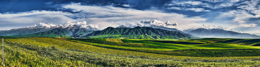 Panorama of a mountain valley in summer, aerial view. Fairytale sunset over the mountain peaks, amazing nature, summer in the mountains. Travel, tourism. beautiful background picture of nature Panorama of a mountain valley in summer, aerial view. Fairytale sunset over the mountain peaks, amazing nature, summer in the mountains. Travel, tourism. beautiful background picture of nature