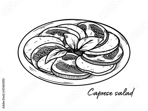 Caprese salad isolated on a white background. Sketch Italian dishes. Vector illustration