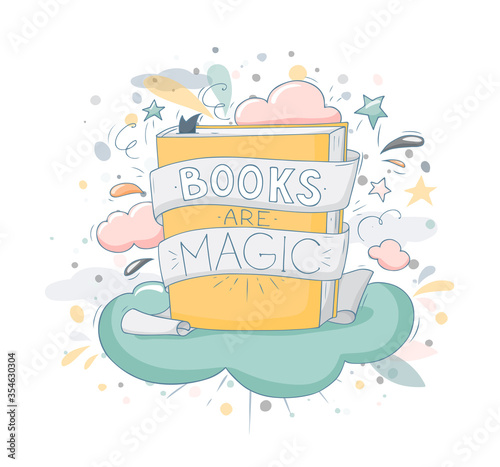 Open Book with set of vector fairy tale elements, icons and illustrations, book event, festival poster, cover template design