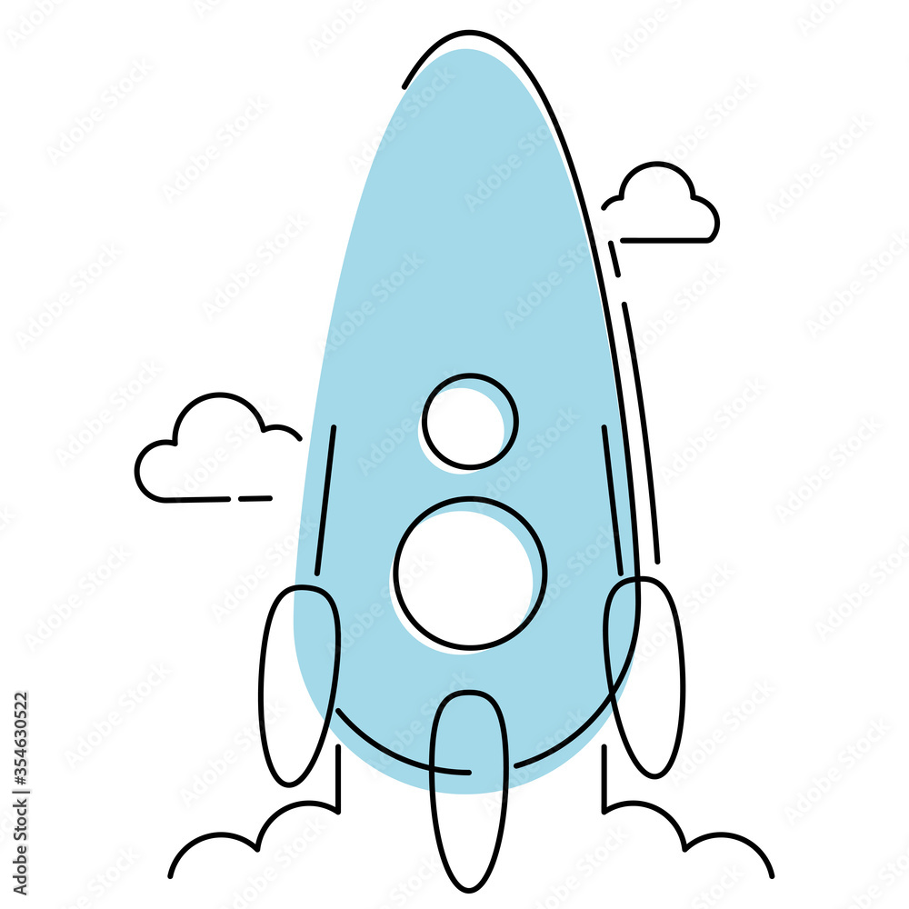 Blue rocket fly to space flat doodle icon Blue rocket fly to space flat doodle icon