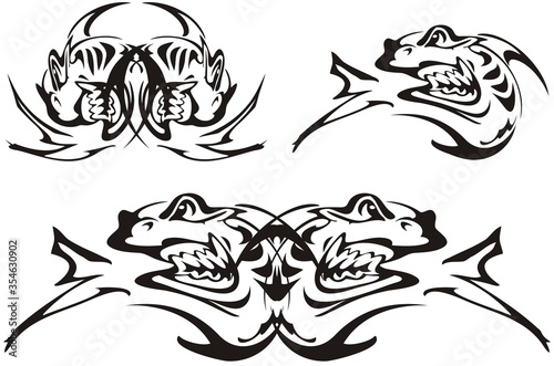 Aggressive shark symbols on a white backdrop. Shark with open jaws and double shark symbols for tattoos, emblems, textiles, prints, embroidery, etc.