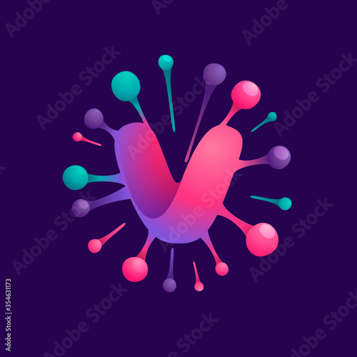V letter vibrant virus logo with circle structure.