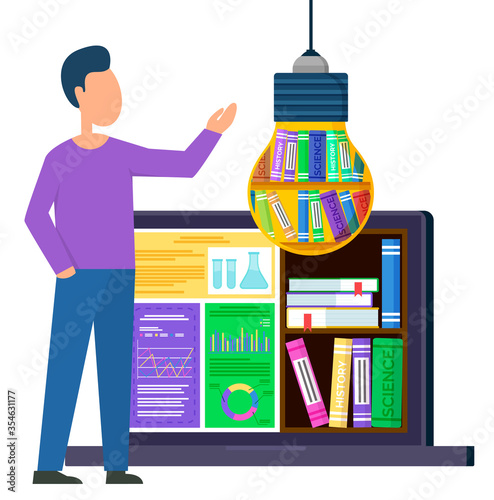 Man pointing on light bulb that uses like bookcase. Student stand near laptop with educational materials from history and science. Virtual or electronic library on monitor. Vector illustration in flat